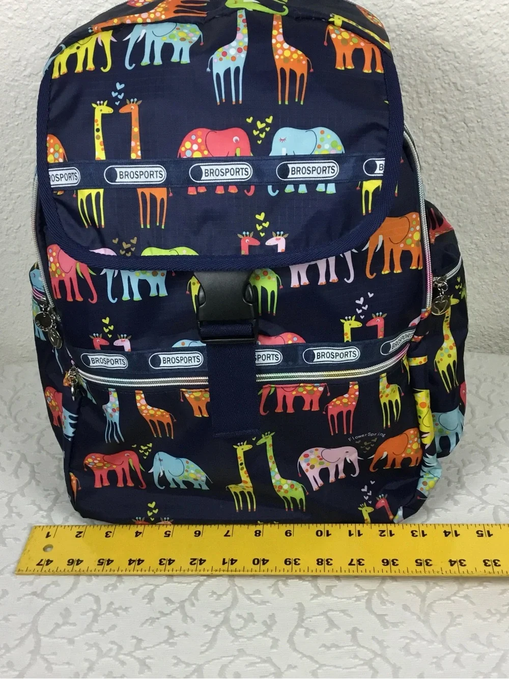 Colorful Giraffe & Elephant Print Navy Backpack